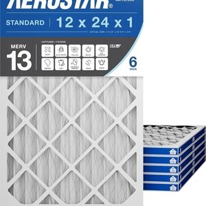 Aerostar 12x24x1 MERV 13 Pleated Air Filter, AC Furnace Air Filter, 6 Pack